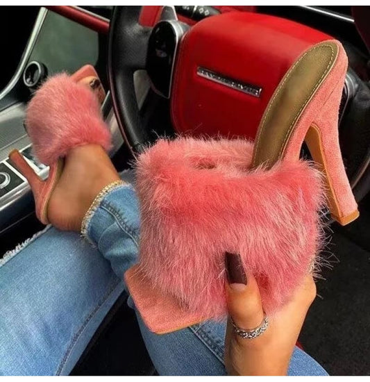 Attractive Fuzzy Coral Pumps, High Heels, Women's Sexy Shoes