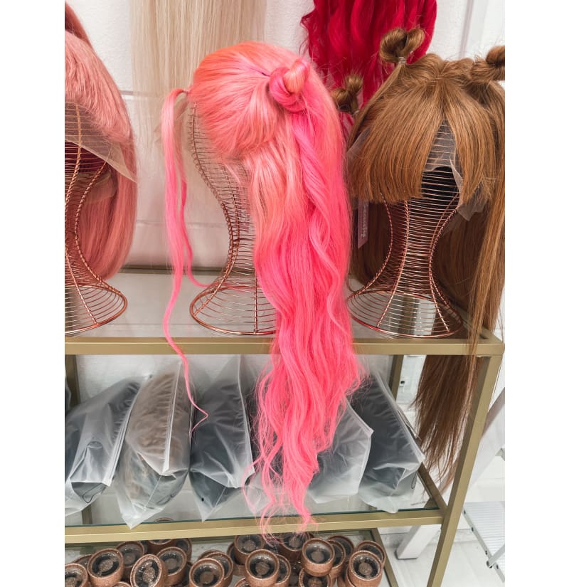 Fire Pink Ombre Waves 26 inch 13x4 Wig Human Hair 180 Density