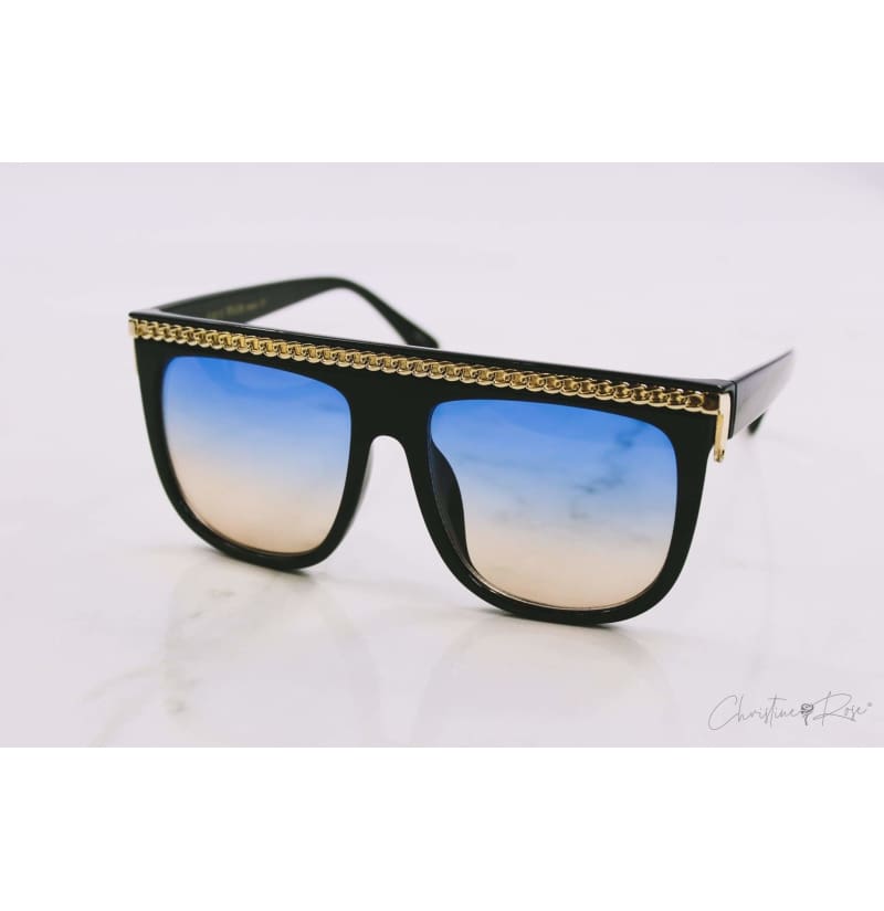 Sunglasses - Flat Top Gold Chain Blue Black Faded Sunglasses