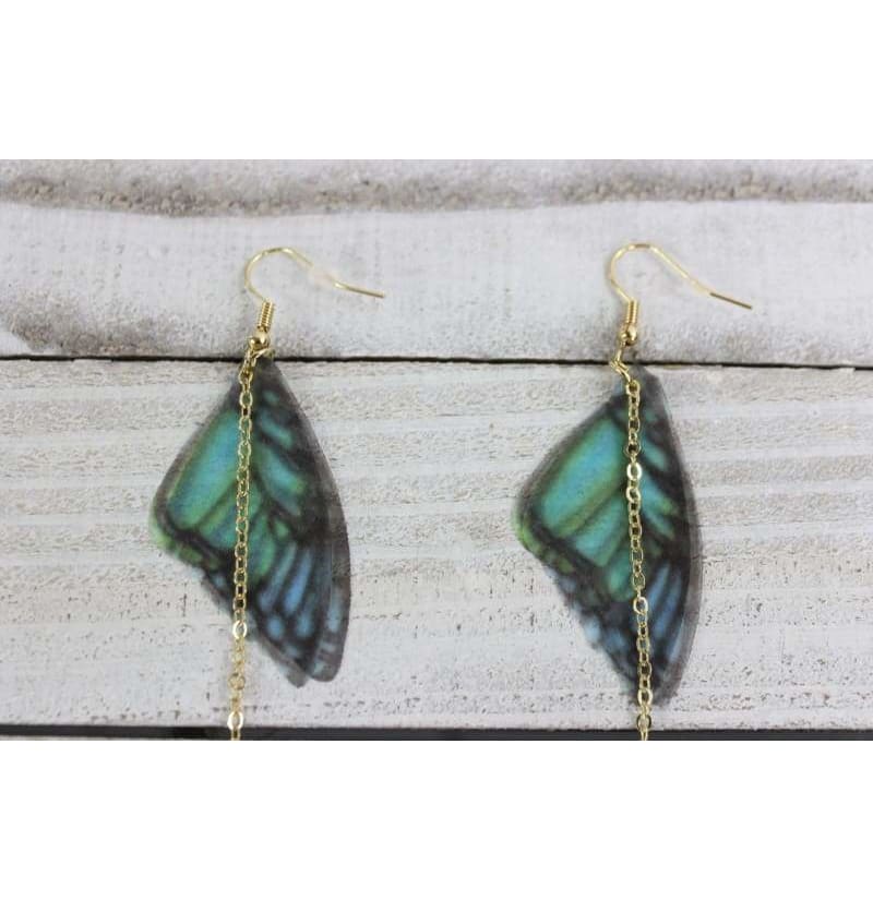 Green Blue Black Butterfly Wings Earrings, Beautiful Translucent Dangling Chain Fashion Earrings