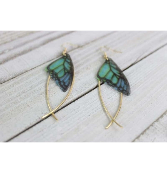 Green Blue Black Butterfly Wings Earrings, Beautiful Translucent Dangling Fashion Earrings Super