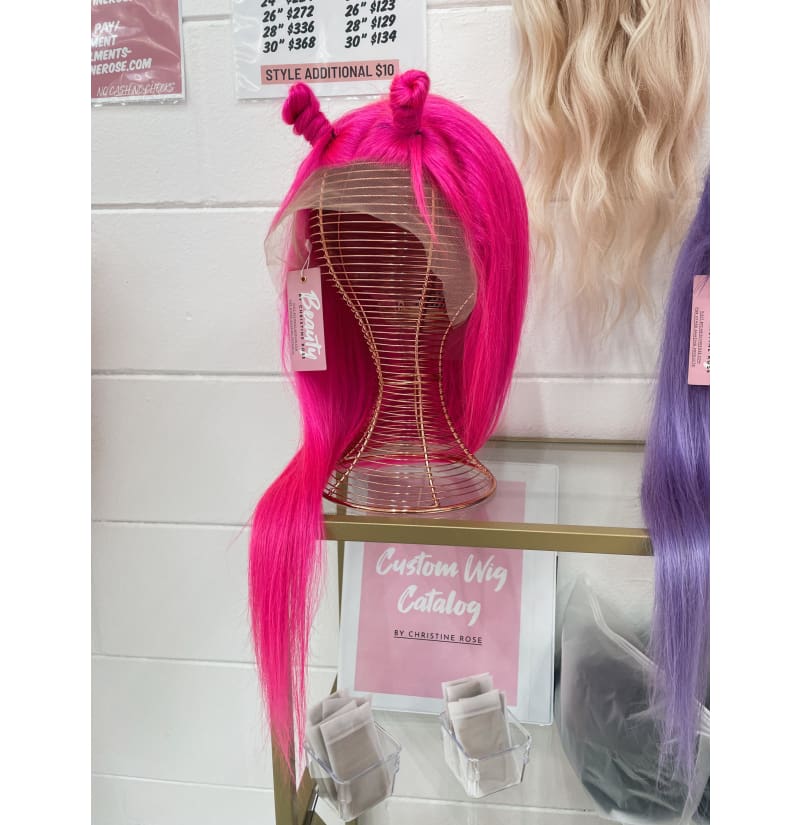 Hot Pink Lava 26 inch Straight 13x4 Wig Human Hair 180 Density