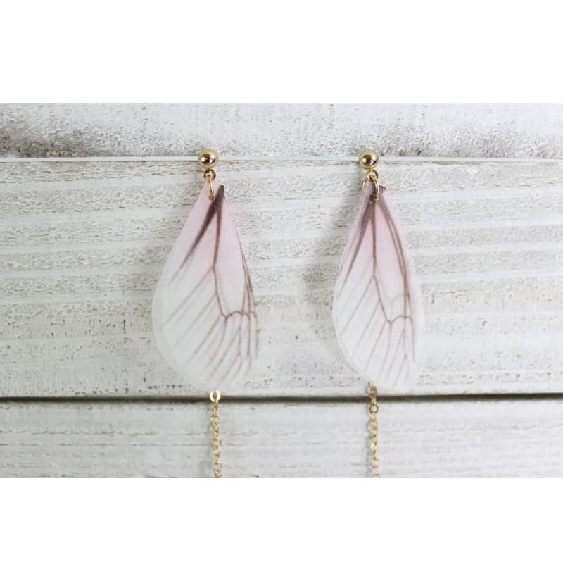Light Pink With Pearl Butterfly Wings Earrings, Beautiful Translucent Dangling Chain Fashion