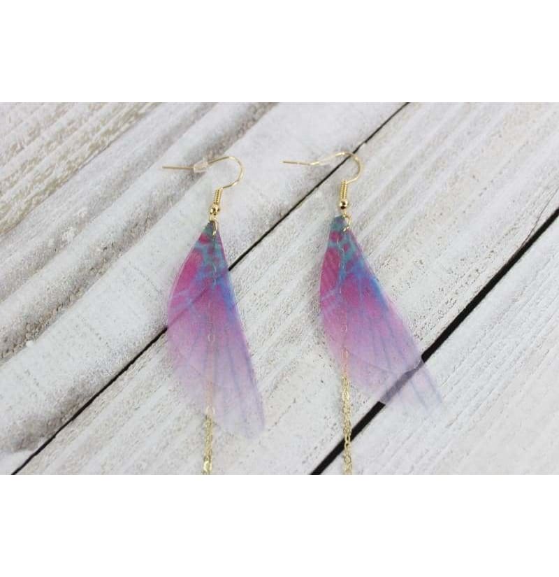 Pink Blue With Crystal Bead Butterfly Wings Earrings, Beautiful Translucent Dangling Chain Fashion