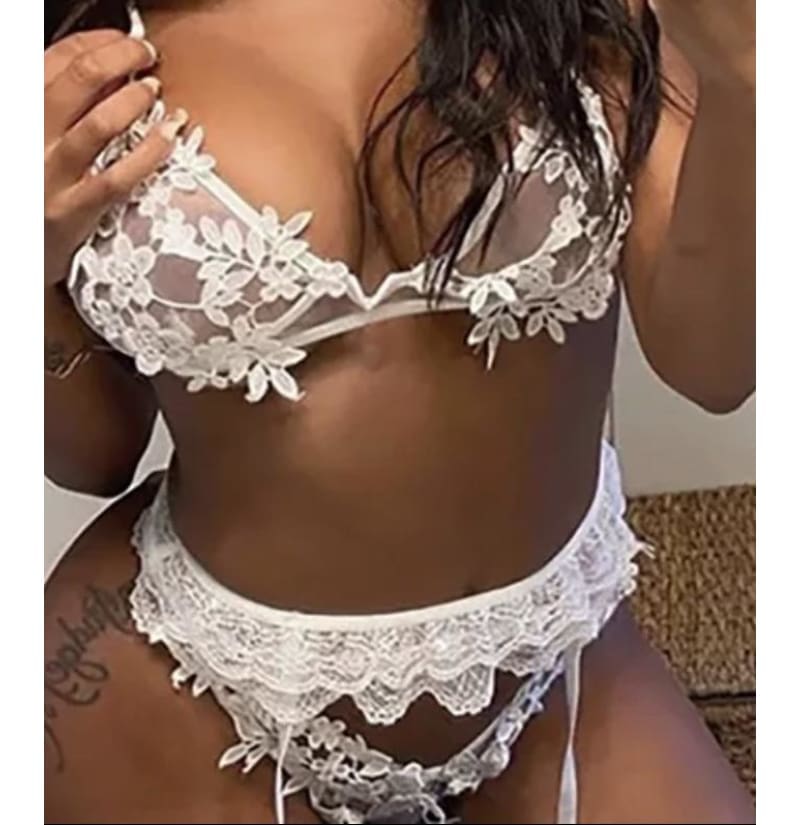 Sexy Lingerie, Strappy Lace, Thigh Straps For Events, Special Nights, 3pc Flower Set, White Lace,