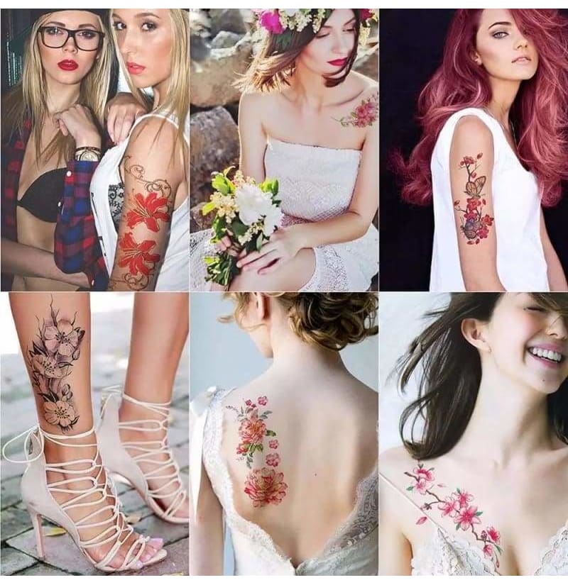 Temp Tattoo Pink Flowers With Stem